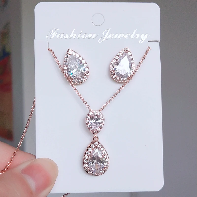 Rose Gold set 6 ZAKOL нигерийские Ювелирные наборы в виде белых капель воды модные каплевидные кубические циркония ювелирные изделия для женщин подружек невесты Помолвочные FSSP267 - Окраска металла: Rose Gold set 6