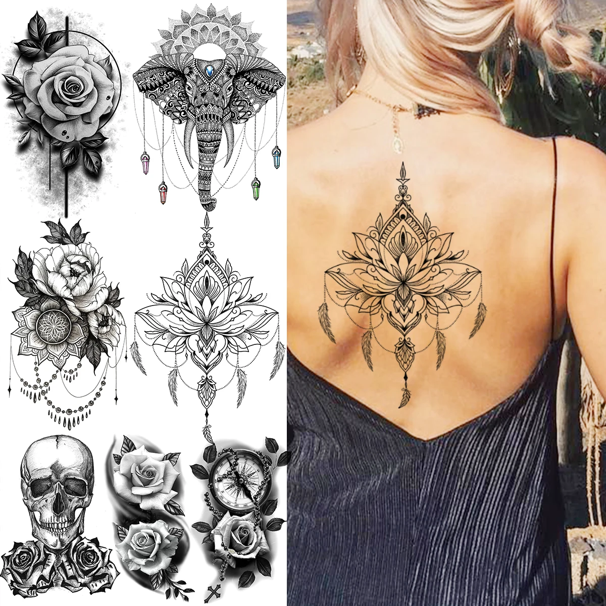 Lotus Henna Temporary Tattoos For Women Girls Realistic Elephant Skull Flower Fake Tattoo Sticker Back Tatoos Arm Underboob
