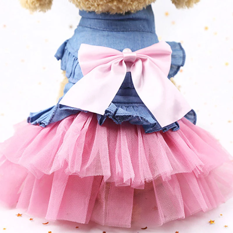 Голубое Ковбойское платье с бантом для собак Летняя Одежда питомцев большим