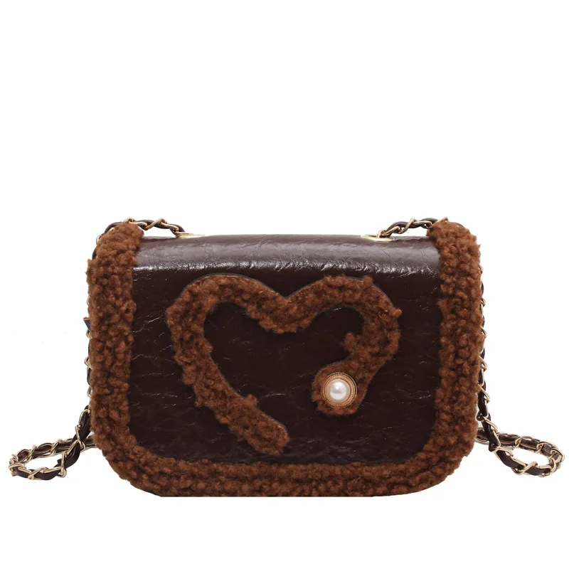 

Fashion Lambswool Heart Crossbody Bags Designer Chains Women Shoulder Bag Luxury Faux Fur Leather Messenger Bag Lady Small Purse