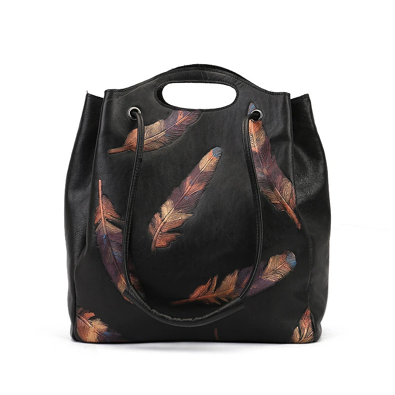 

Vintage Feather Embossed Leather Handbags Ladies Shoulder Bag Top Layer Cowhide Fashion Commuter Women's Bags