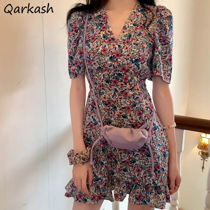 

Платье с короткими рукавами для женщин с v-образным вырезом с цветочным принтом Slash шеи кружева лоскутное мини платья с рукавами-воланами, се...