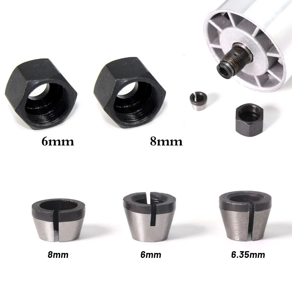 

3pcs Router Bit Collet(6mm+6.35mm+8mm) Carbon Steel Chuck Adapter Engraving Trimming Machine Chucks+5 * Mounting Nut