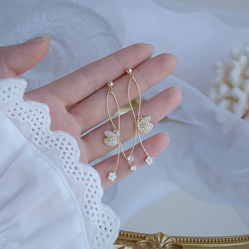 

14k Real Gold Fashion Jewelry Crystal Butterfly Exquisite Long Earrings for Woman Holiday Party Elegant Zircon Earring