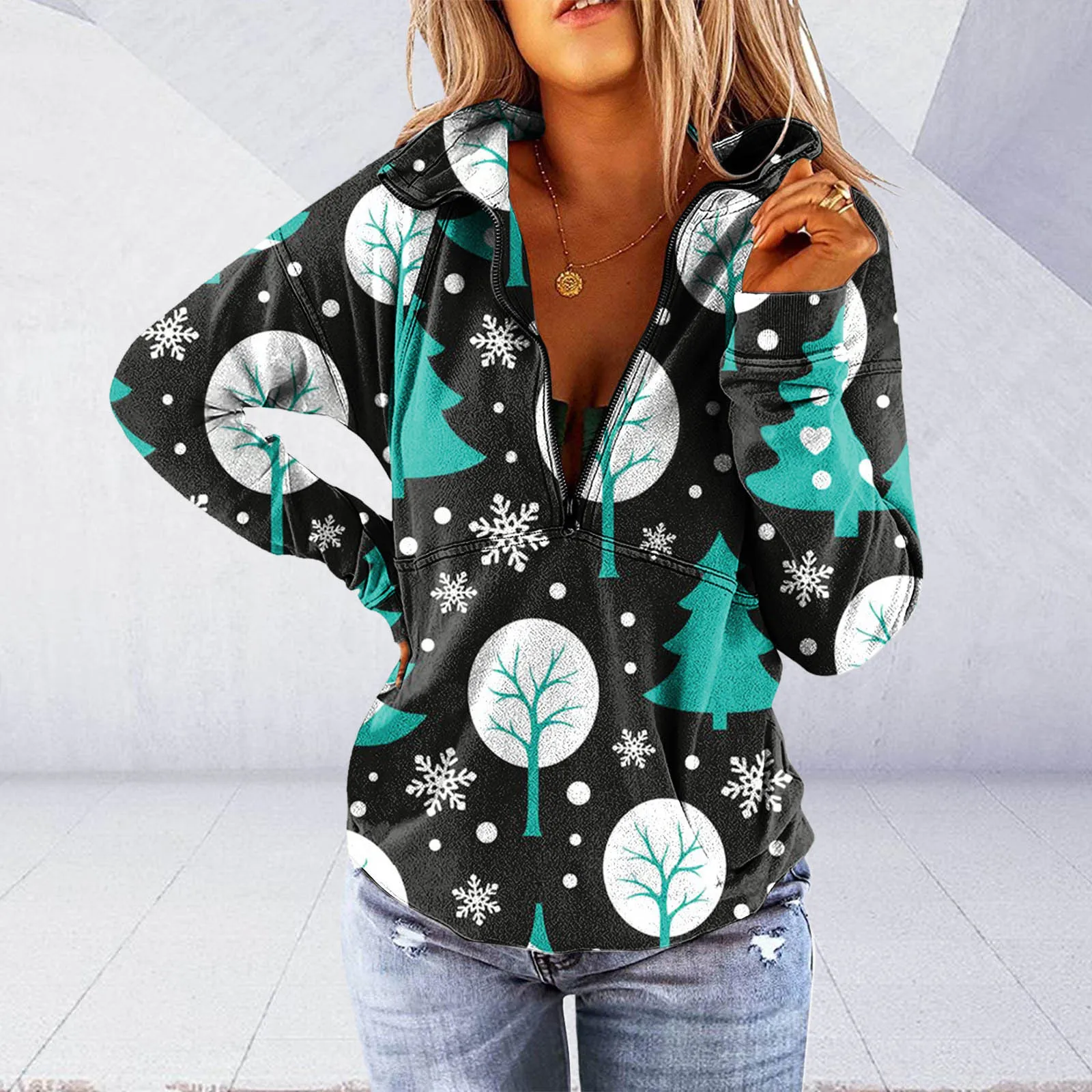 

Women Ladies Casual Top Christmas Print Zipper Sweater Pullover Top Comfy Vintage High Quality Sweatshirts 2021 Guardia
