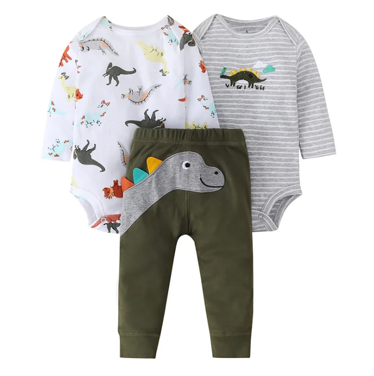 Newborn Infant Baby Boy Girl Clothing Set Cartoon Floral Stripe Long sleeve bodysuit+Short Sleeve jumpsuits+Pants 3Pieces Sets | Детская