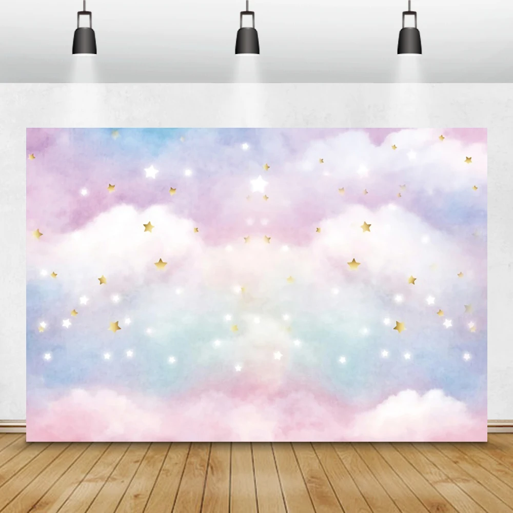 

Laeacco Gradient Colors Rainbow Sky Clouds Stars Baby Shower Newborn Birthday Backdrops Photography Backgrounds For Photo Studio