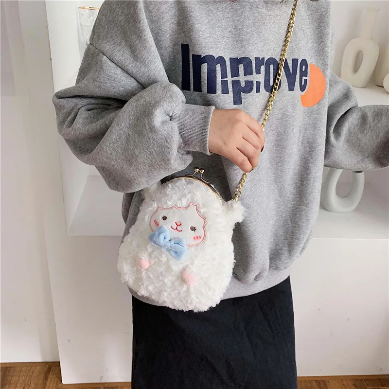 

Cute Sheep Handbag Women's Plush Shoulder Bags Soft Fur Chain Handbag Women Cartoon Purse Lady Sac