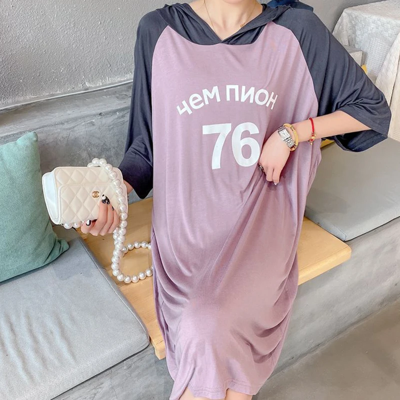 

Short-sleeved hooded dress women's summer thin style outer wear printed loose large size fat MM casual slim mid-length skirt