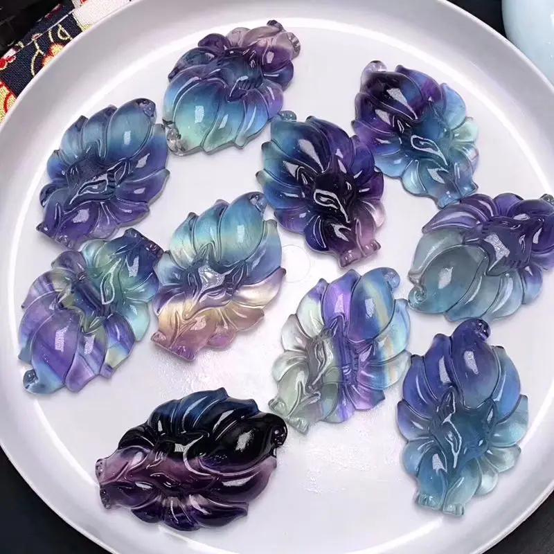 Natural Fluorite Crystal Colorful nine tailed fox quartz pendant hand carved gemstones for gift | Дом и сад