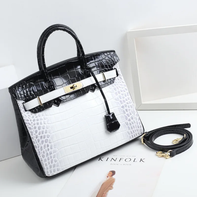 

New Style Genuine Leather Platinum Bag Crocodile Pattern Fashion Handbag Wild Lady Big Bag Cowhide One-Shoulder Messenger Bag