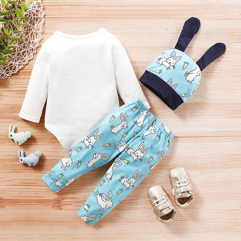 

New Spring Baby Clothes Set Cotton Cartoon Newborn Long-sleeved Romper Trousers 3-piece Set Fashionable and Simple