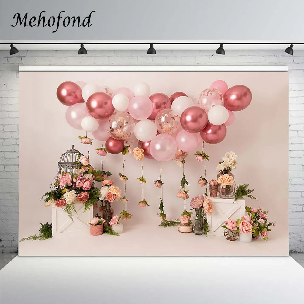 

Детский портретный фон для фотостудии фотозона розовые воздушные шары цветы Новорожденный ребенок торт разбивать Фон фотографии реквизит