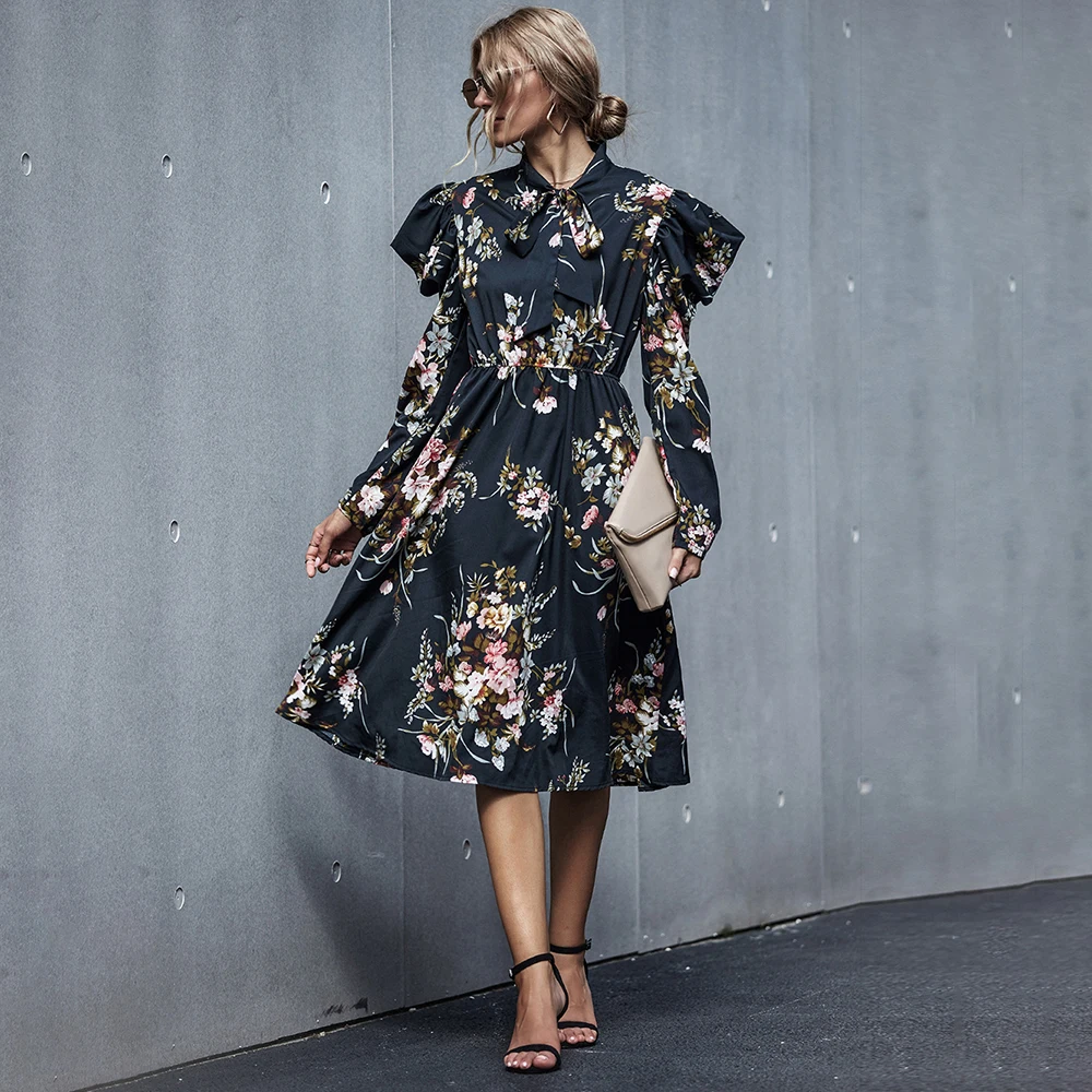 Женское длинное платье винтажное Цветочное длинным рукавом осенняя одежда