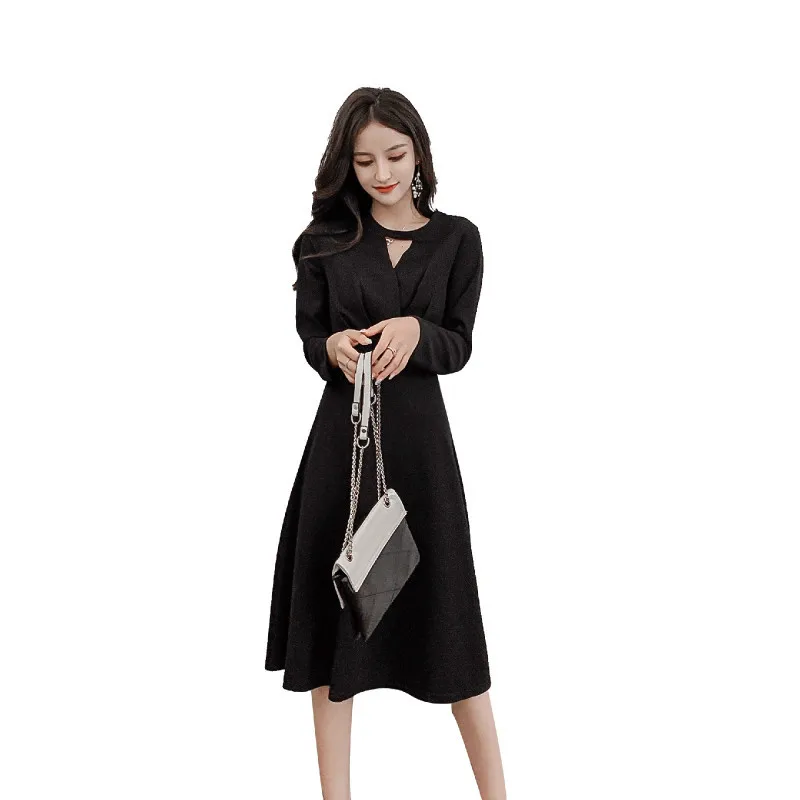 

Новинка 2019, зимнее женское черное платье с длинным рукавом, о-образным вырезом, винтажная мода, элегантная повседневная одежда, Корейская ве...