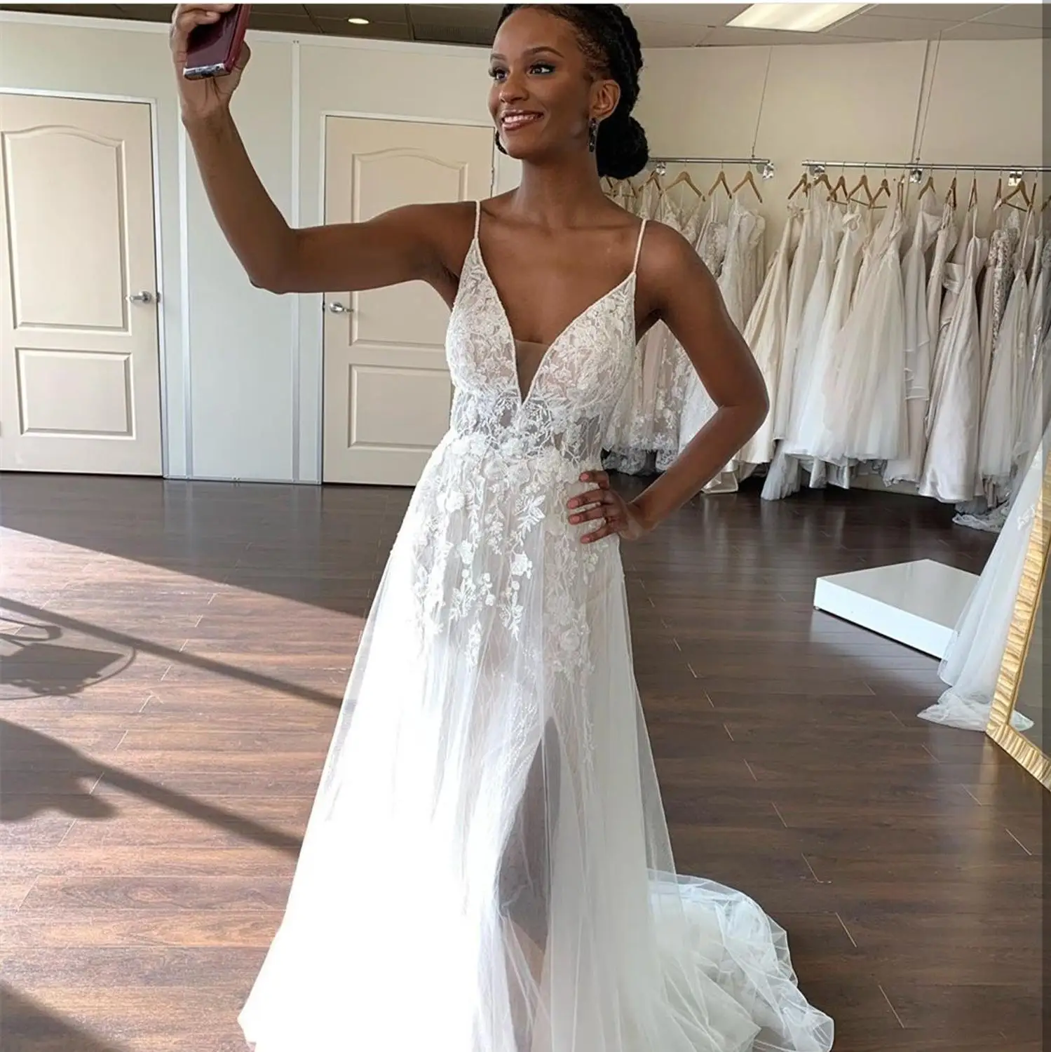 

Wedding Dress Boho Rustic New Arrival Sexy Side Slit Split For Bride V-Neck Floor Length Robe De Mari A-Line Sleeve Bridal Gowns