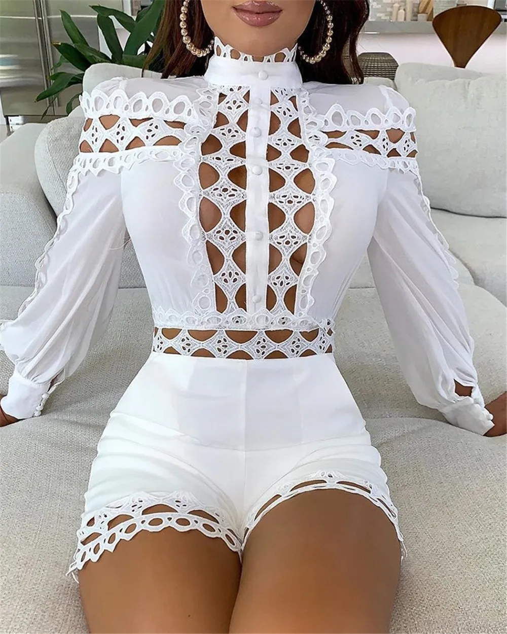 Black White Elegant Playsuits and Jumpsuits Shorts Women Long Sleeve Hollow Out Lace Club Party Rompers Sexy Overalls for Women