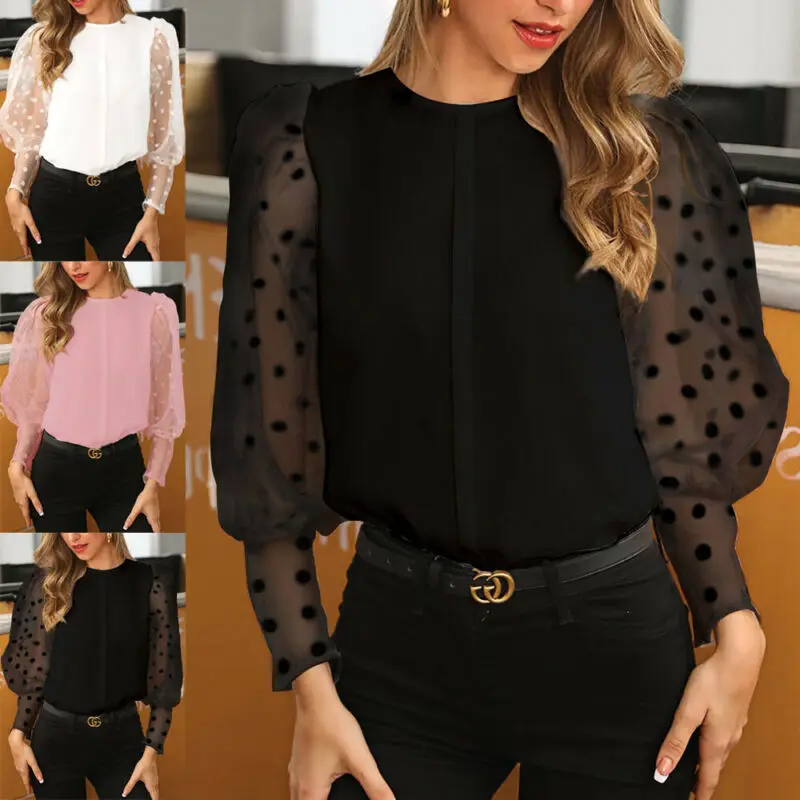 

Vintage Blouse See-through Sleeve Sexy Polka Dot Print Blouse O Neck Lady Office Shirt Tunic Casual Loose Tops Plus Size Blusas