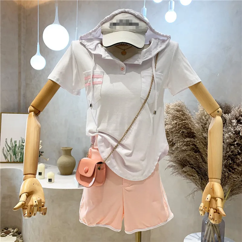 

New Women's Clothing Summer 2021 Fashion Hooded Short Sleeve Top + High Waist Shorts Pants Two piece set
