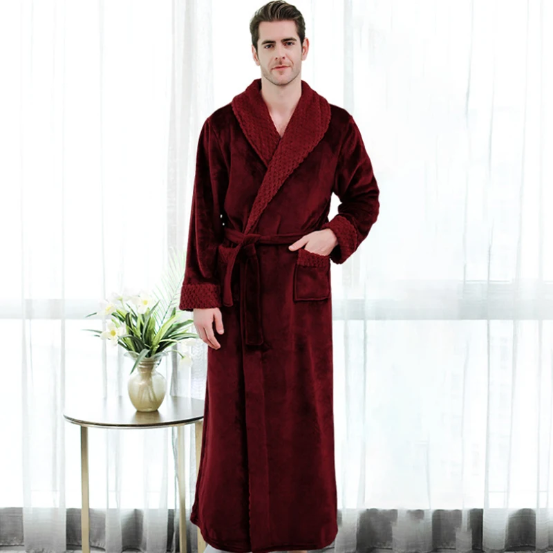 AIPEACEMen Casual Kimono Bathrobe Autumn Winter Flannel Long Robe Thick Warm Sleepwear Plus Size Nightgown Male Home Wear | Мужская