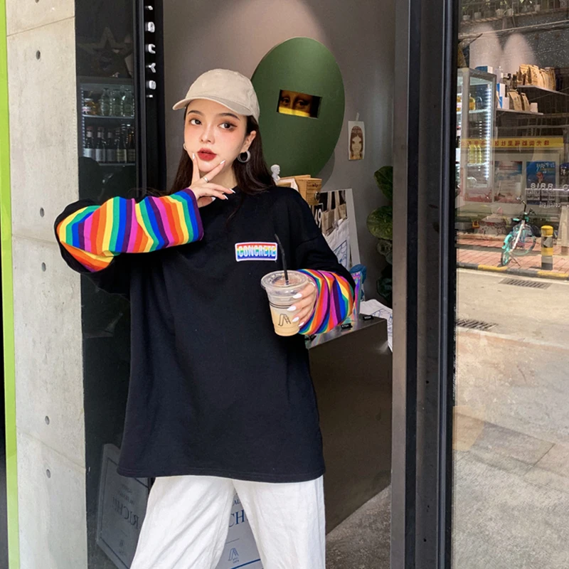 Harajuku футболка женская осенняя одежда корейский стиль полосатый лоскутный рукав футболки женские повседневные футболки Топ