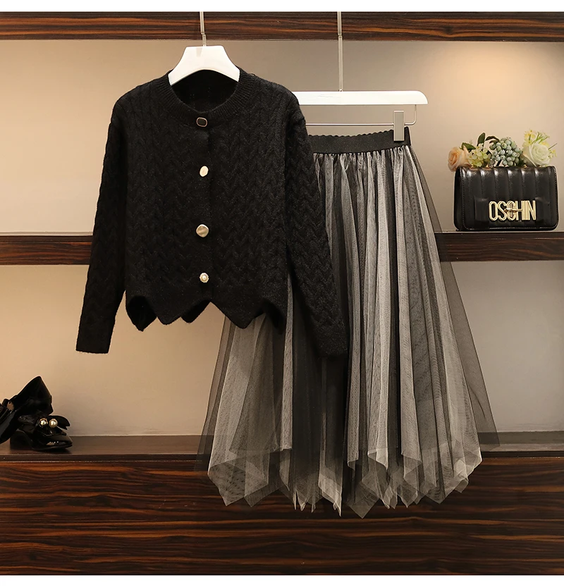 Trytree Autumn Winter Two piece set Casual O-neck Single Breasted Belt Top+ Skirt Elastic Waist Fashion Set 2 Piece Set