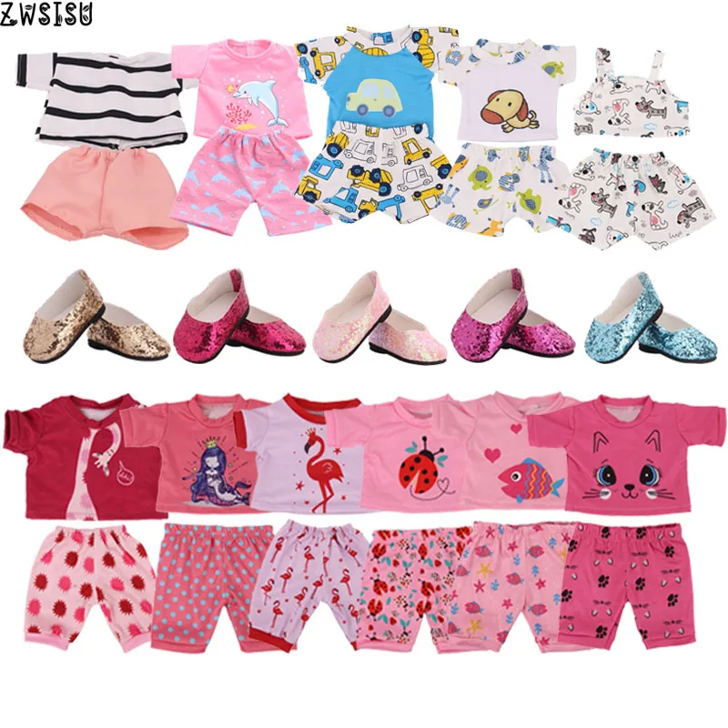 13 Styles Cute Animals Patterns Pajamas 1 Set=2 Pcs Short Sleeve+Pants For 18 Inch American &43 Cm Born Doll Generation Girl`Toy