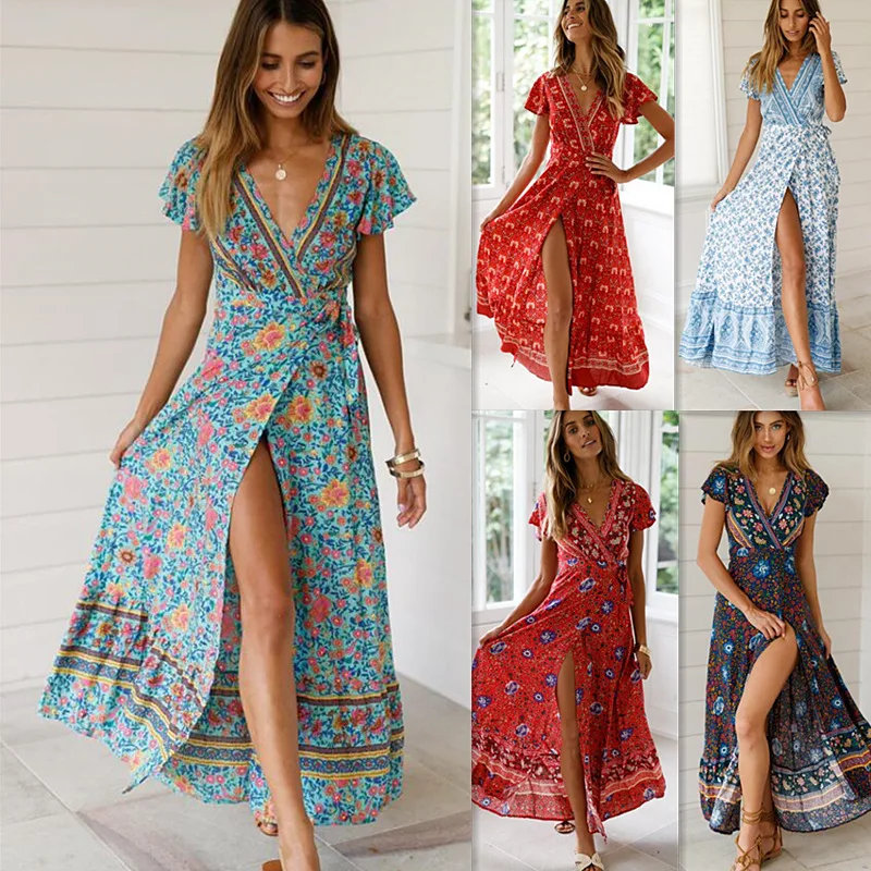 

2021 new summer floral long skirt printed dress women's fashion casual butterfly sleeves ruffled long high-quality chiffon dress
