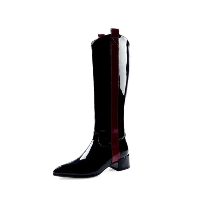Черный Buono Scarpe/женские высокие сапоги из лакированной кожи; брендовая Дизайнерская обувь на массивном каблуке; Разноцветные сапоги с острым носком; женская обувь; Большой размер 42 - Цвет: Черный