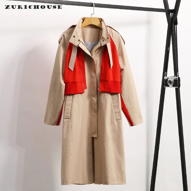 Женский плащ ZURICHOUSE длинный Модный Плащ цвета хаки с имитацией двух частей