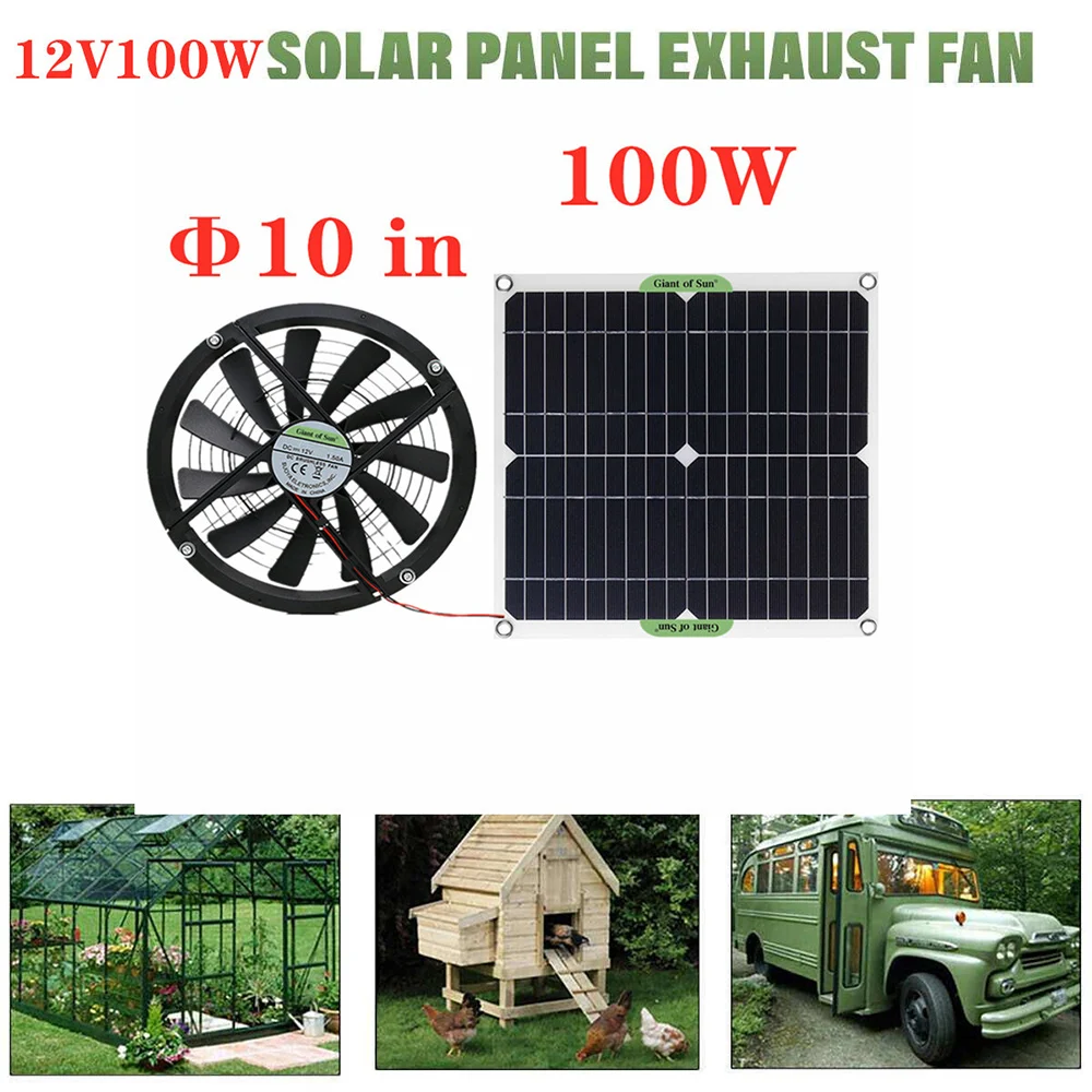 

KKmoon 100W Monocrystalline Silicon Solar Panel 12V Solar Powered Fan 10-Inch Mini Cooling Ventilator Solar Exhaust Fan for Pet