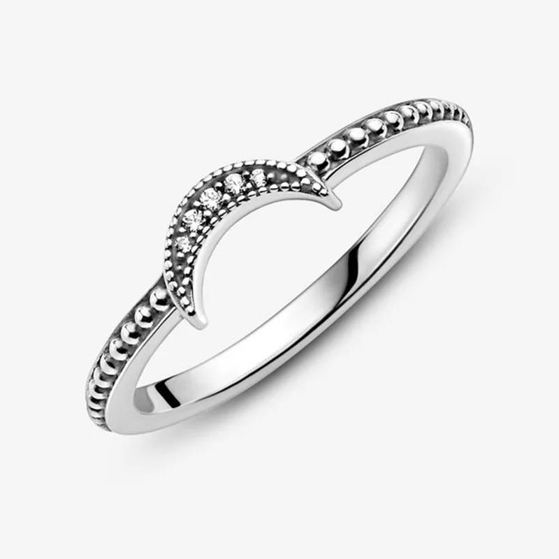 

2020 Winter New 925 Sterling Silver Ring Crescent Moon Beaded Ring Women Engagement Anniversary Jewelry Christmas gift