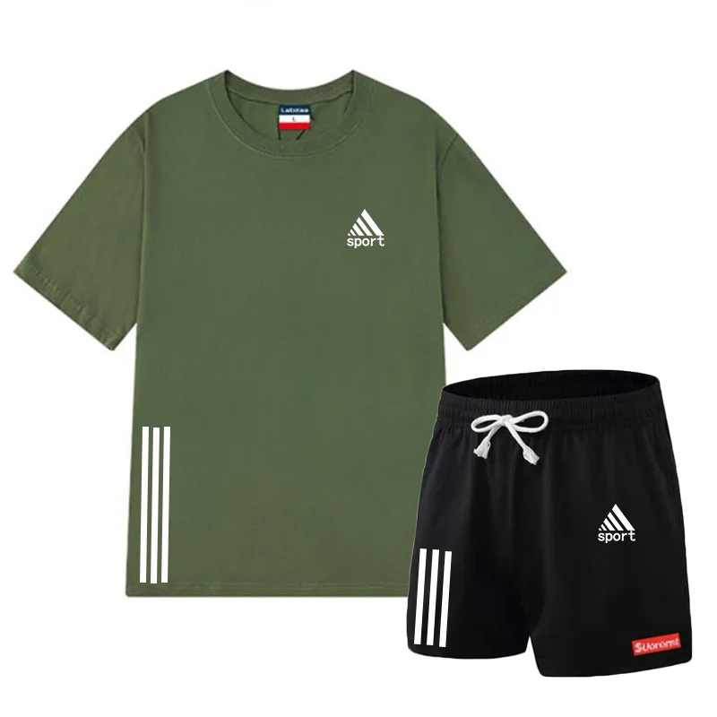 

Pure Cotton Casual Men's Suit Summer Sportswear Men's Short-Sleeved T-Shirt 2-Piece Suit + Shorts Suit Fashion Sportswear Men