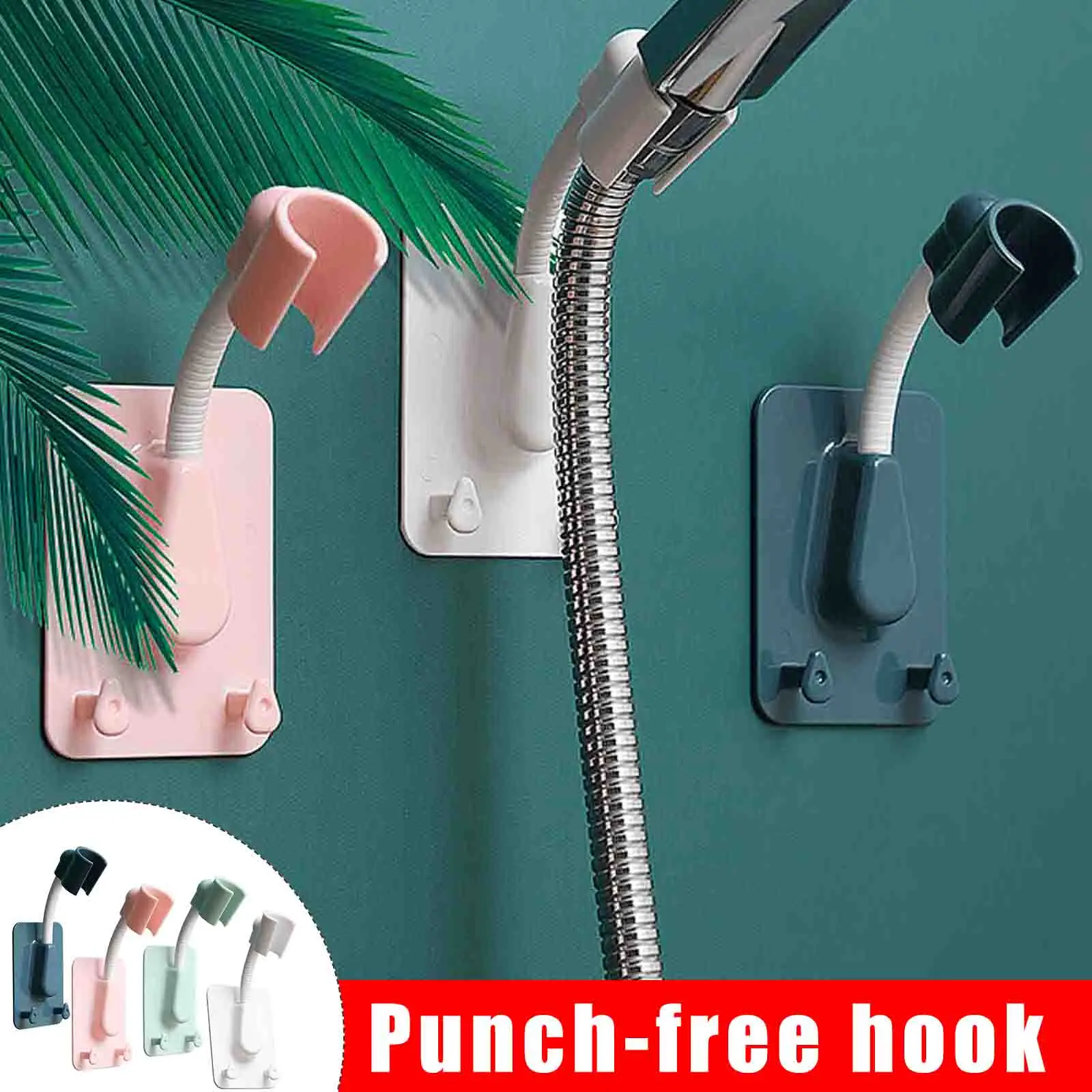 

360 Degree Adjustable Bathroom Shower Head Holder Wall Mounted Punch Free Rack with Double Hooks Design JA55