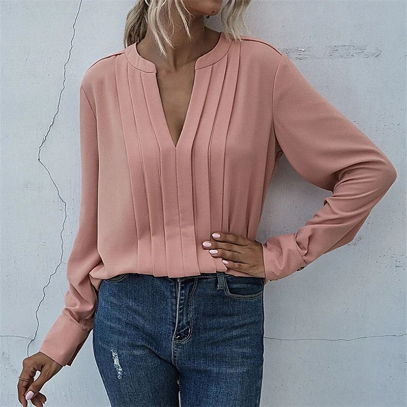 

2021 Women Chiffon Blouse V-neck Long-sleeved Pleated Chiffon Commute Solid Color Pullover Shirt Business Office Ladys