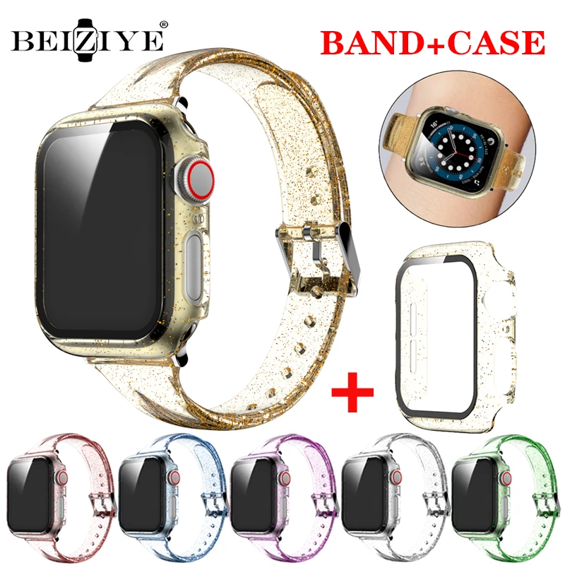 

Silicone Glitter Strap+Case For Apple Watch Band 42mm 38mm 40mm 44mm Women Bracelet For iWatch Series 6 5 4 SE 3 2 Accessories