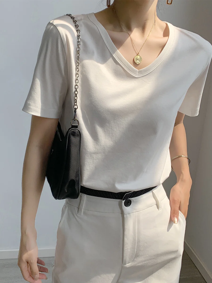 

Женская тонкая футболка с коротким рукавом, белая хлопковая Футболка с V-образным вырезом, лето 2021