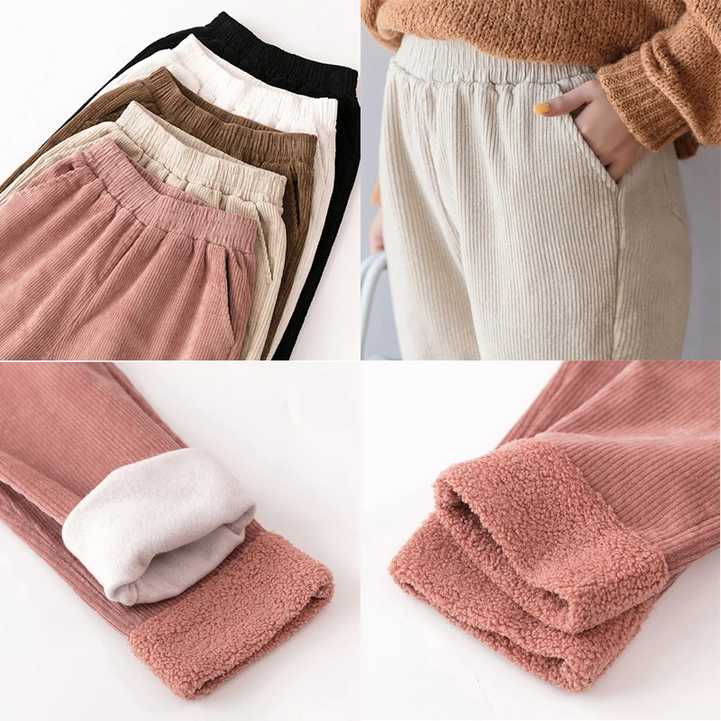 Осень зима вельветовые штаны для женщин высокая талия карманы брюки плюс размер