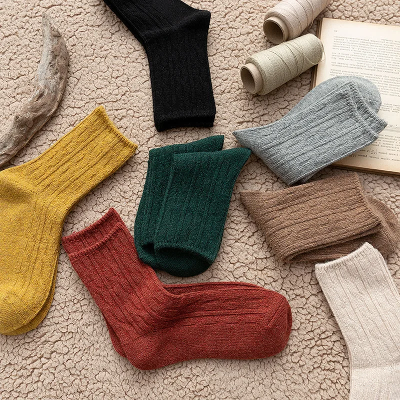 Solid Cashmere Wool Woman Socks Casual Autumn Winter Thick Warm Long Sock for Women Japanese Kawaii Harajuku Vintage Streetwear