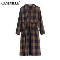 plaid dress 2022 spring new style draw tie retro large size long sleeved flannel cotton lapel knee length casual dress women
