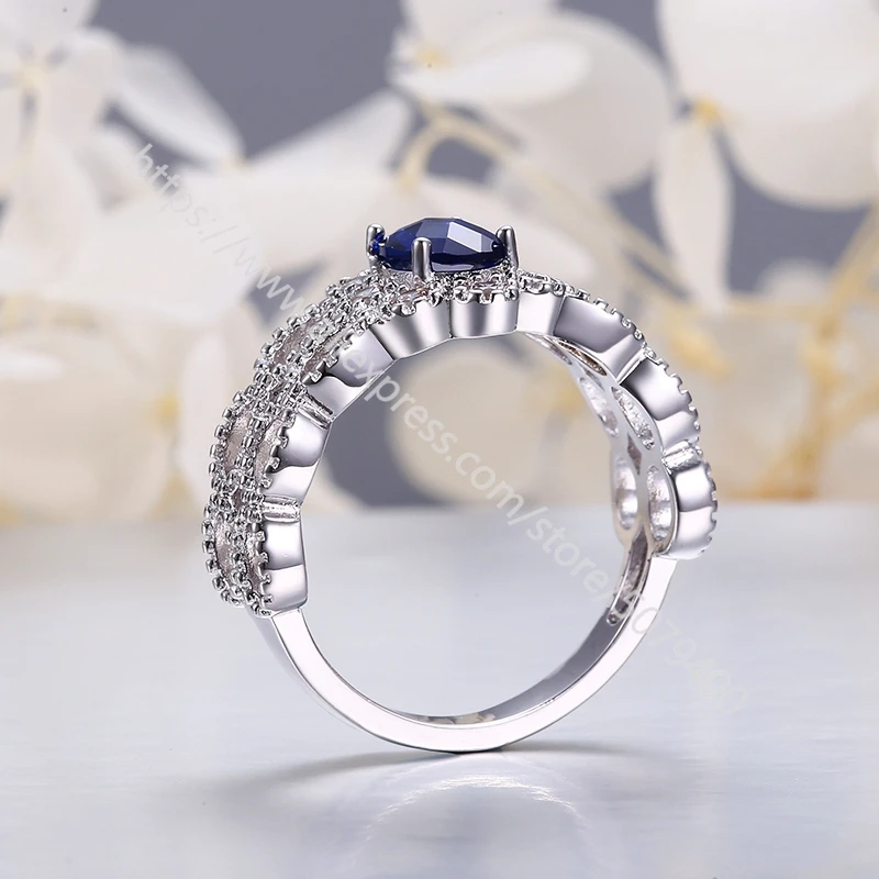 

Sapphires CZ white gold-plated ring Blue Oval Rhinestone Gems-stone halo ring handmade Boho Gypsy Engagement Jewellery Women