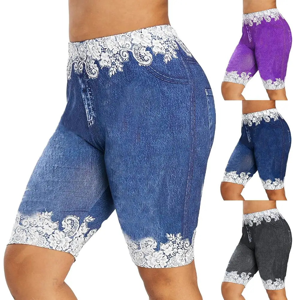 

Женские джинсовые шорты, кружевные лоскутные леггинсы с высокой талией, спортивные шорты-мини, женские шорты с высокой талией, размера плюс