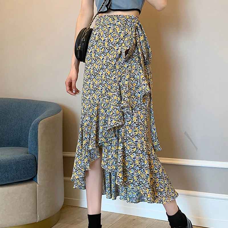 

One-piece Ruffles Draw Strings Wrap Floral Skirts Irregular Chiffon Long Skirts