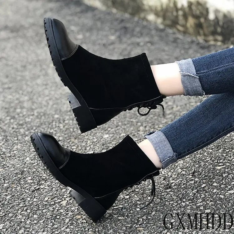 

Осенние ботинки, женская обувь, женские ботинки, модные круглые ботильоны из искусственной кожи, зимние эластичные черные ботинки, удобные ...