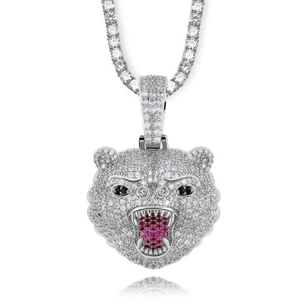 New Fashion Hip Hop Jewelry Beast Bear Animal All Iced Out Pendant Necklace 5mm Tennis Chain Gold Silver Men Rock Jewelry Gift - Окраска металла: Silver-Tennis chain