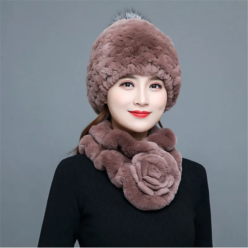 Женская шапка и шарф из 100% натурального меха кролика Рекс комфортная теплая