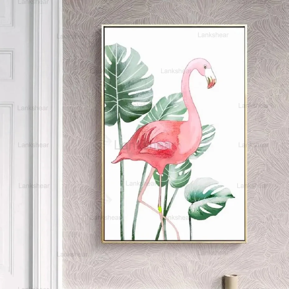 Скандинавская Картина на холсте с изображением розового фламинго и зеленых