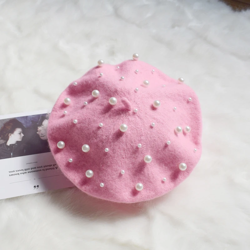 pink Женские осенне-зимние Роскошные береты с жемчугом, кашемировый берет с заклепками, женские теплые модные французские шапки для девочек, вязаный красный берет с бисером, femme - Цвет: pink
