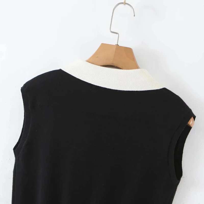 Женский трикотажный жилет-Поло черный вязаный укороченный топ без рукавов