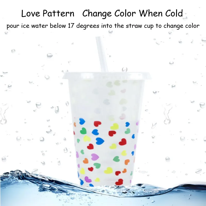 

Love Straw Color Changing Cup Pp Beverage Cold Color Changing Plastic Water Cup Single Layer Color Changing Plastic Straw Cup
